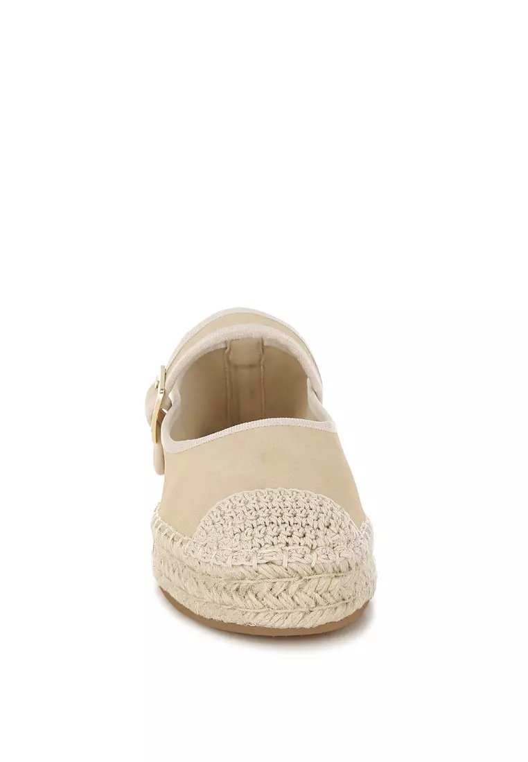 Soft Suede Leather Mary Jane Espadrilles In Beige