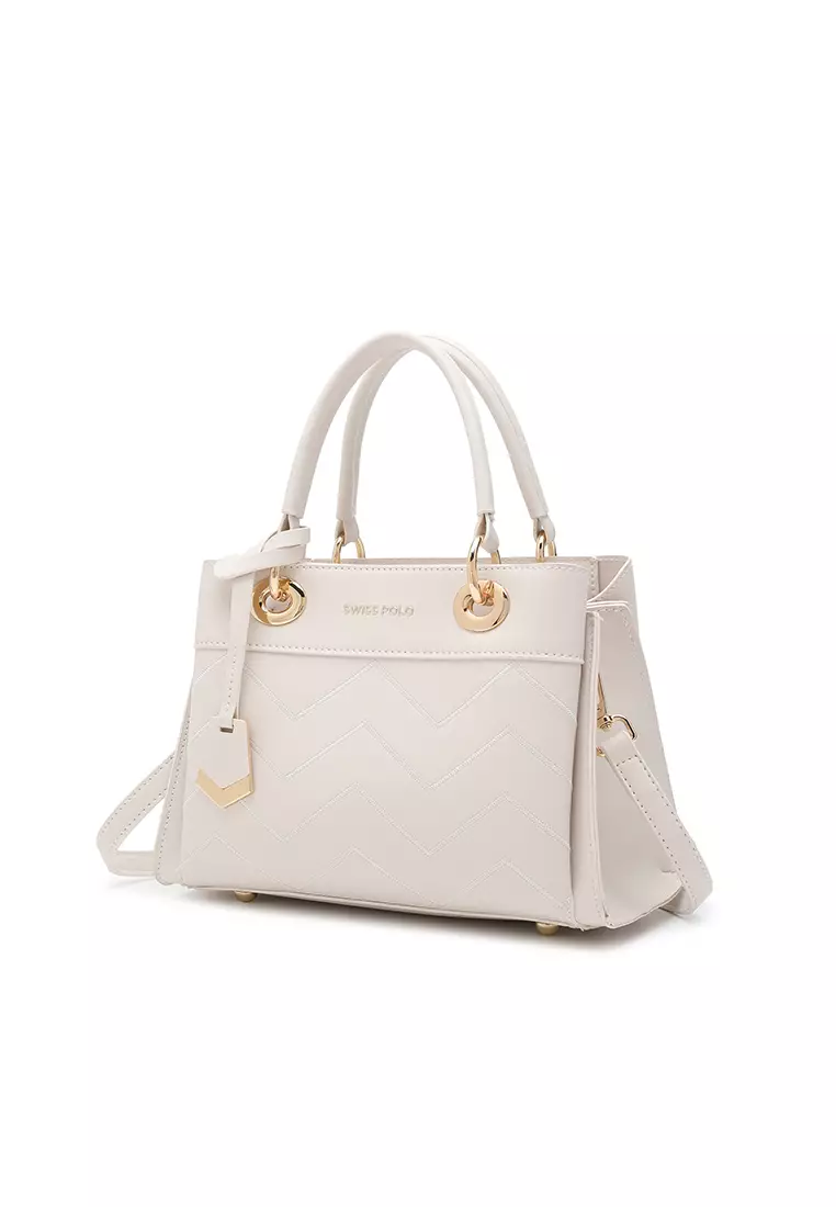 Women's Zig Zag Quilted Top Handle Bag / Crossbody Bag / Shoulder Bag - White