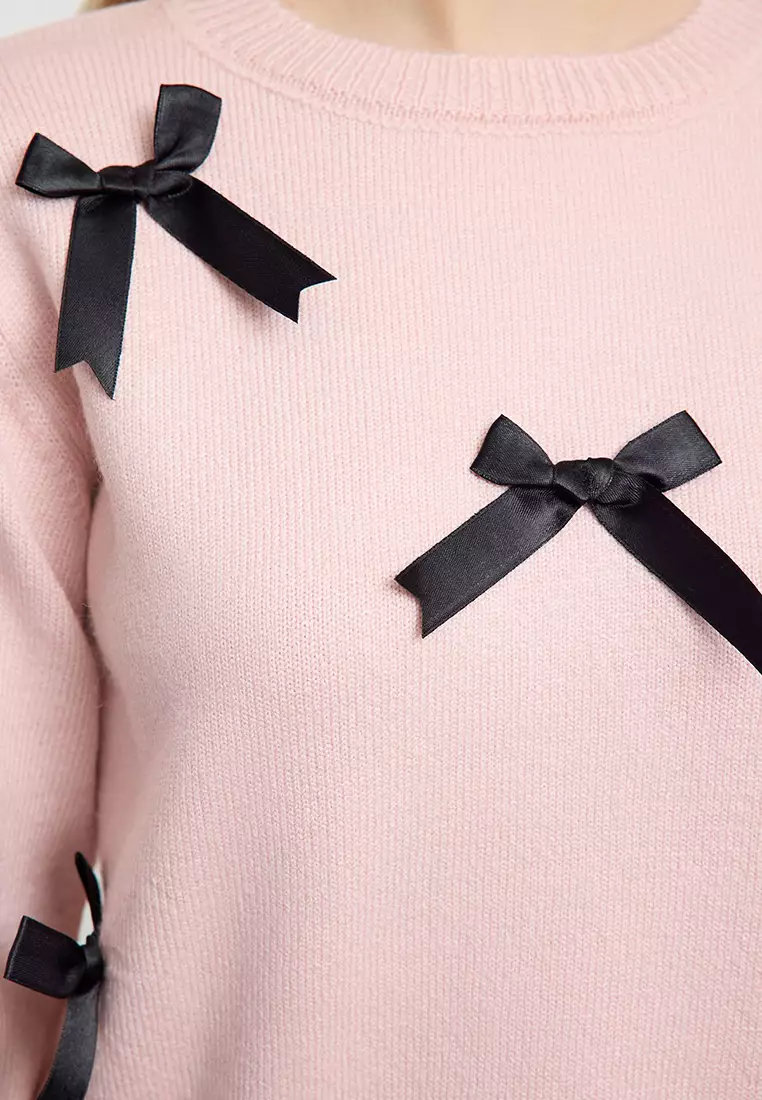 Pink Soft Textured Ribbon/Bow Detailed Knitwear Sweater TWOAW25KZ00155