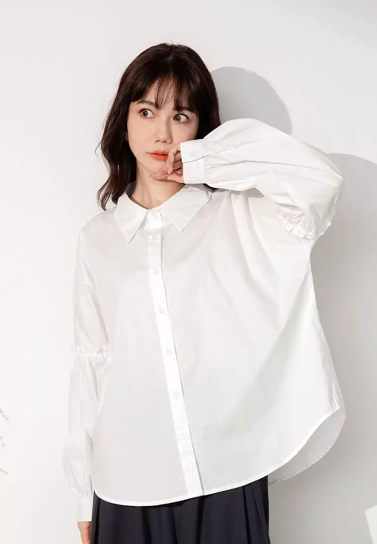 純棉小荷葉邊裝飾泡泡袖襯衫《AB19863》