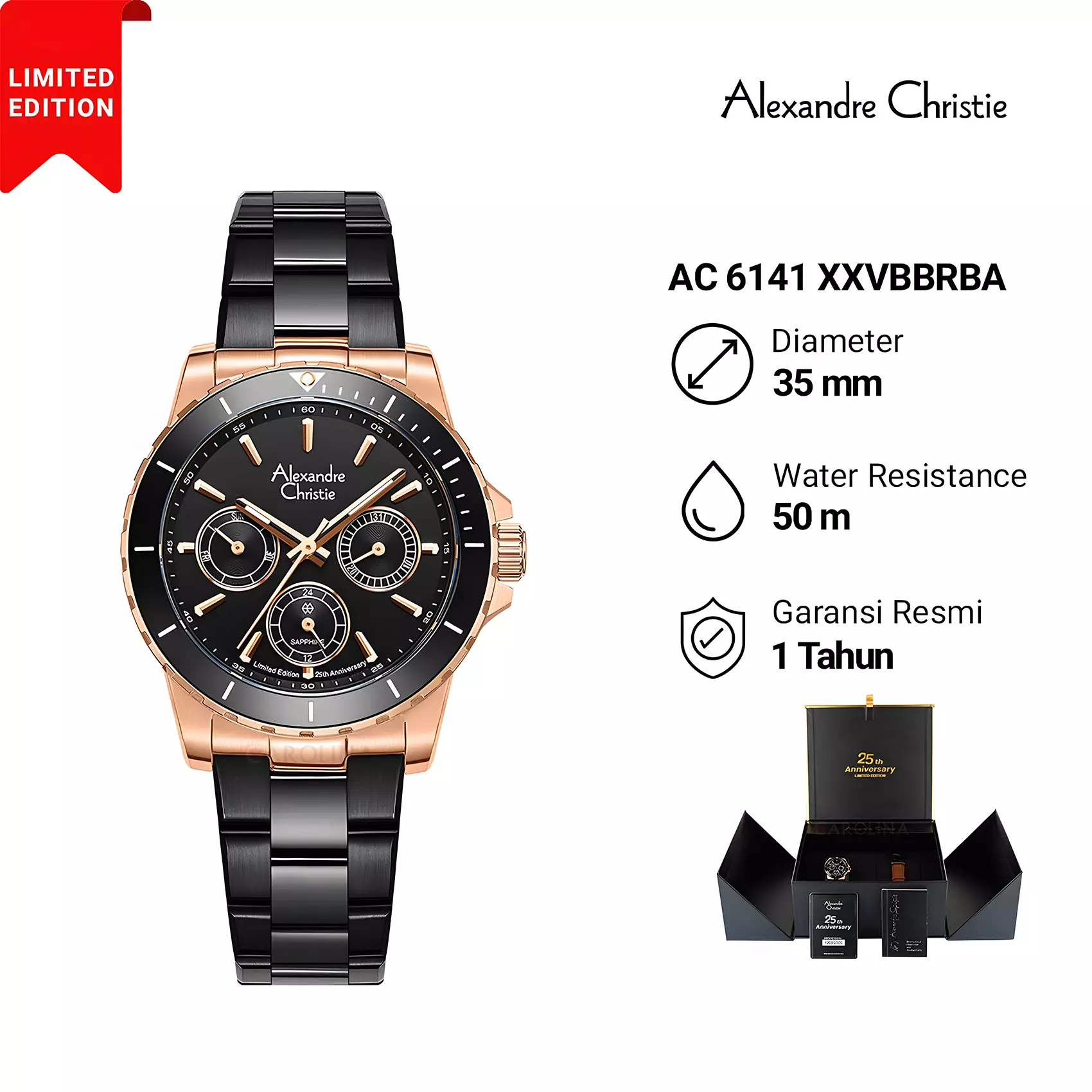 Alexandre Christie 25th ANNIVERSARY Limited Edition - Jam Tangan Chronograph Wanita - Black Rose Gold - All Stainless Steel - 6141 XXVBBRBA