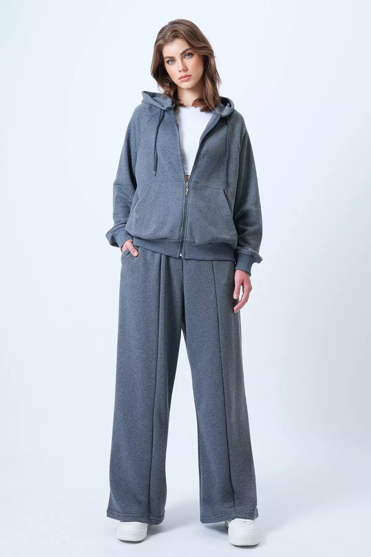 Women'S Anthracite Hooded Zipper Jacket And High Waist Wide Leg Pants Set Alc-X14606