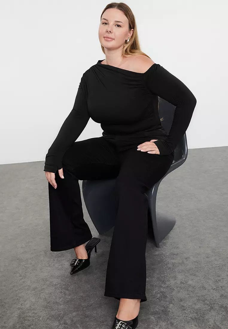 Plus Size Asymmetric Collar Blouse