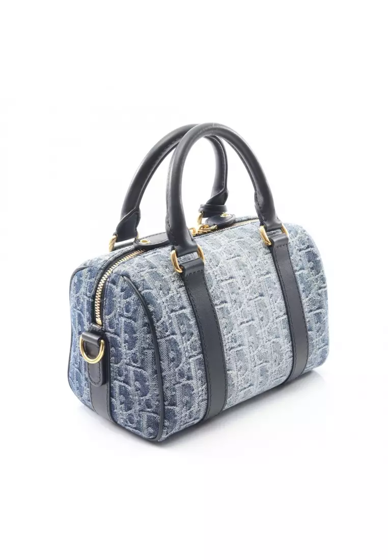 Pre-Loved Christian Dior Groove 20 groove Small oblique jacquard Handbag denim leather Indigo blue Navy 2WAY