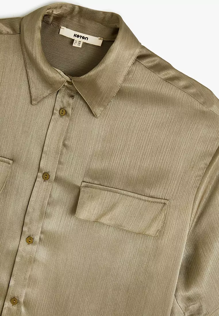 Satin Shirt Short Sleeve Comfortable Fit Classic Collar