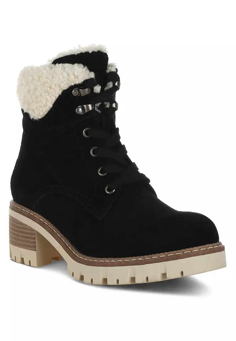 Fur Collar Chunky Ankle Boots in Black