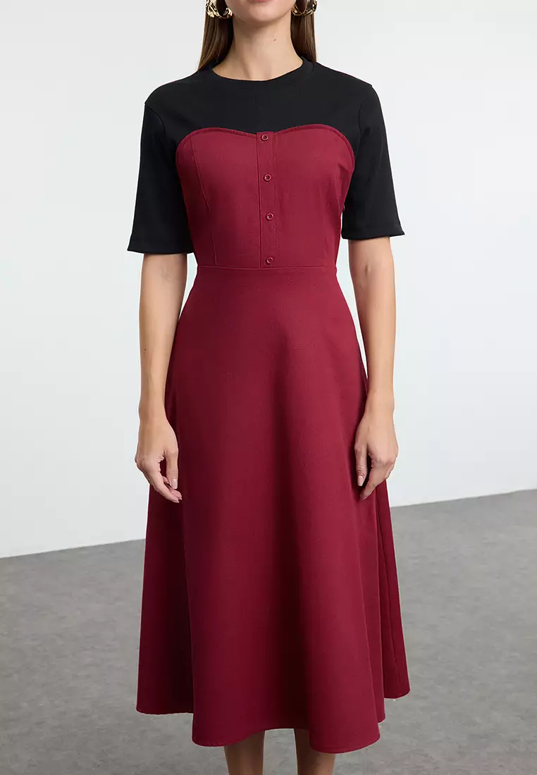 Black Plain Midi Woven Dress TWOAW25EL00162