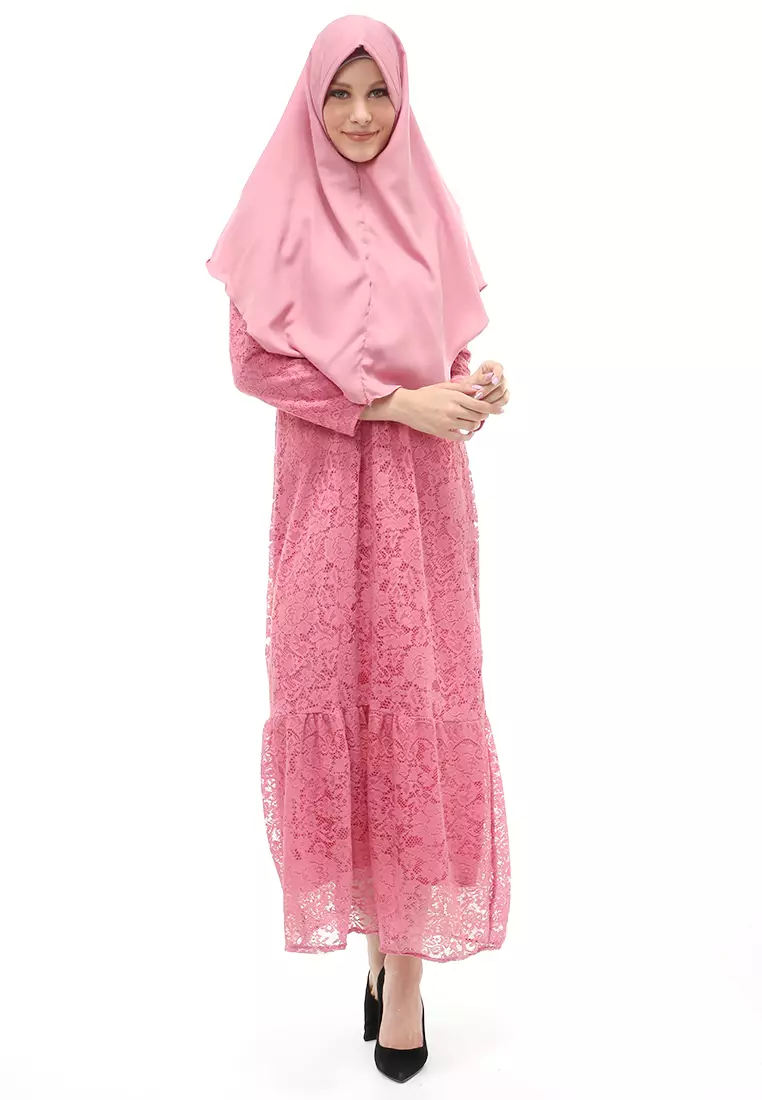 Aisyah Gamis Muslimah Wanita Motif Kebaya Long Sleeve Relaxed Fit - Pink