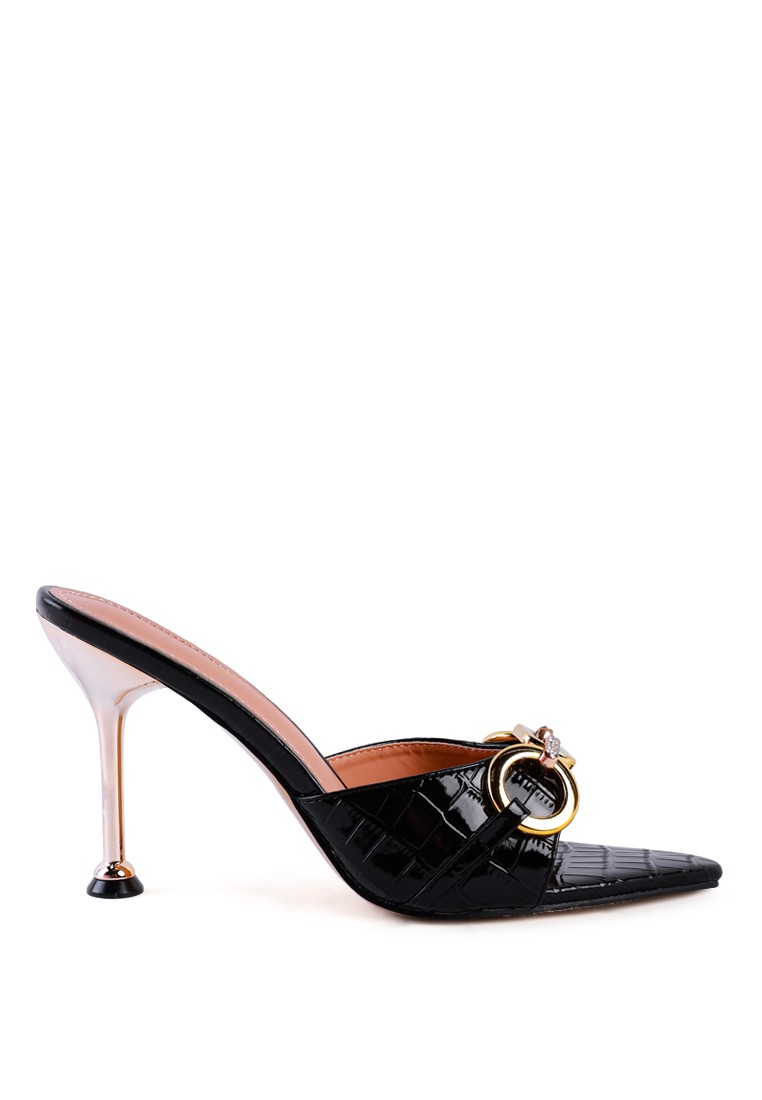 Black Buckled High Heel Slide Sandals