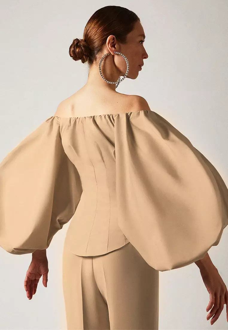 Off shoulder button sales design lantern sleeve dress