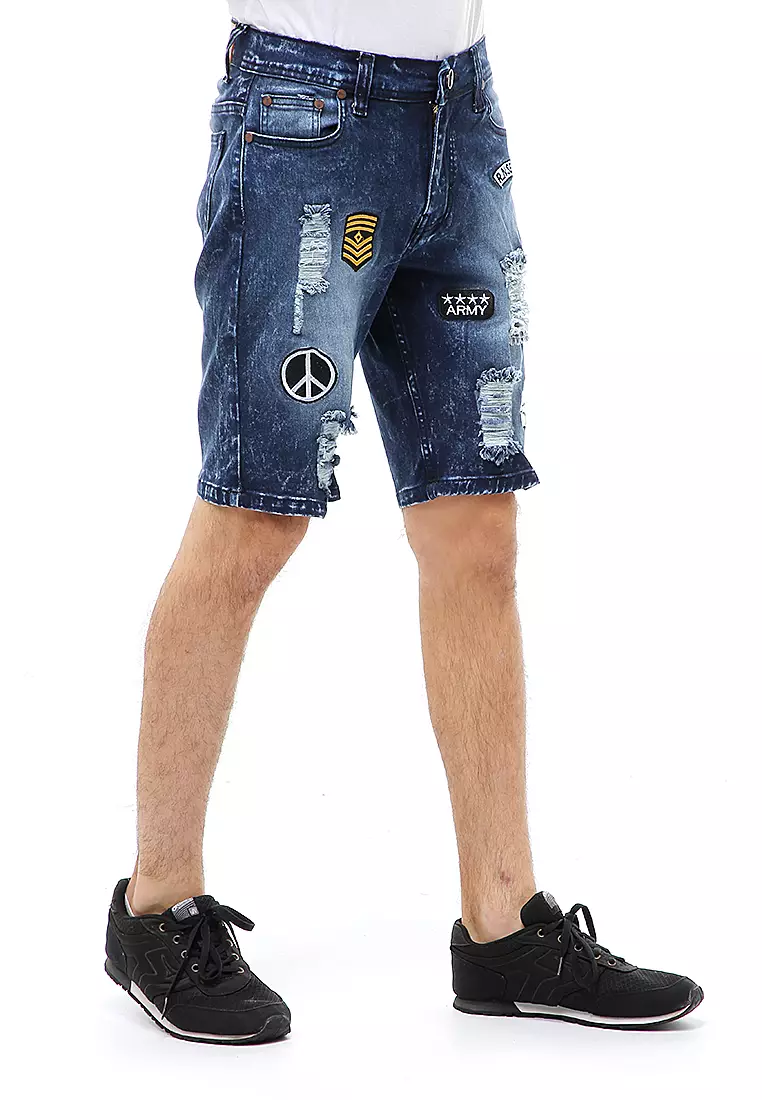 Locko Short Pants Ripped Jeans Celana Pendek Pria Sticker Motive Material Denim ORIGINAL - Retro Blue