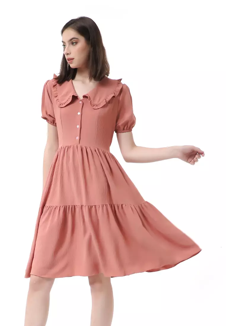 Rachel Dress Rample Wanita Collar Vintage Button Layer Trap Lengan Pendek Material Cey Flow ORIGINAL - Thai Tea