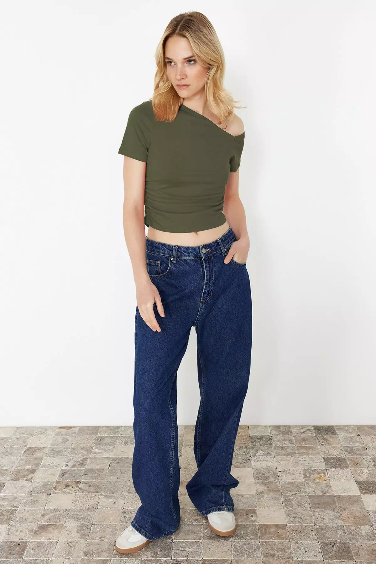 Khaki Pleated Asymmetric Collar Flexible Knitted Blouse