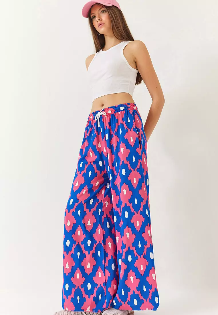 Women's Patterned Elastic Waist Laced Pocket Viscose Casual Palazzo Pants 60261435