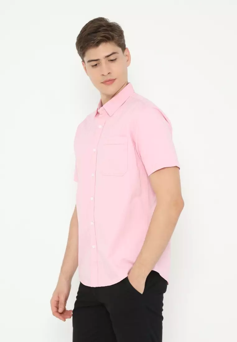 POLICE Kemeja Polos Cotton Corak Herringbone Regular Fit Pria