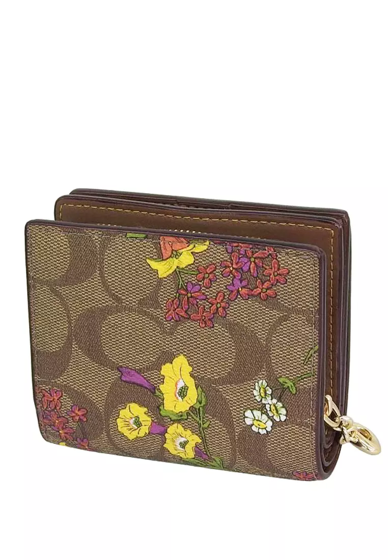Snap Wallet In Signature Canvas With Floral Print Brown