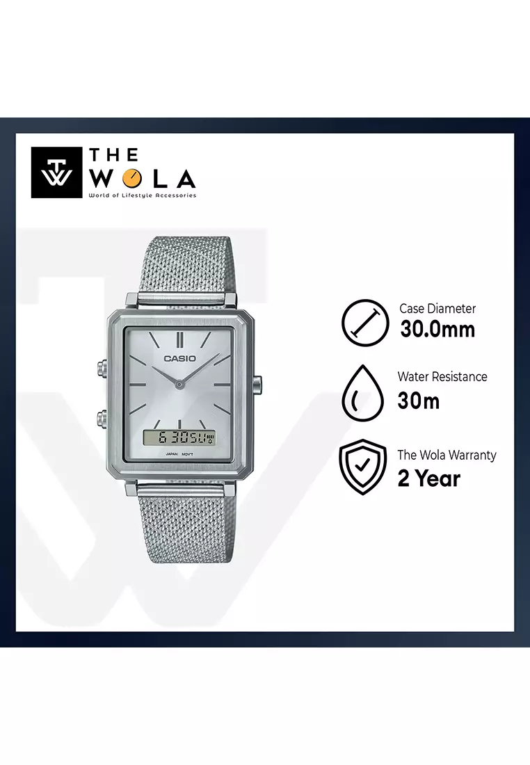 Men's Analog-Digital Watch MTP-B205M-7E Silver Stainless Steel Mesh Band Watch for men