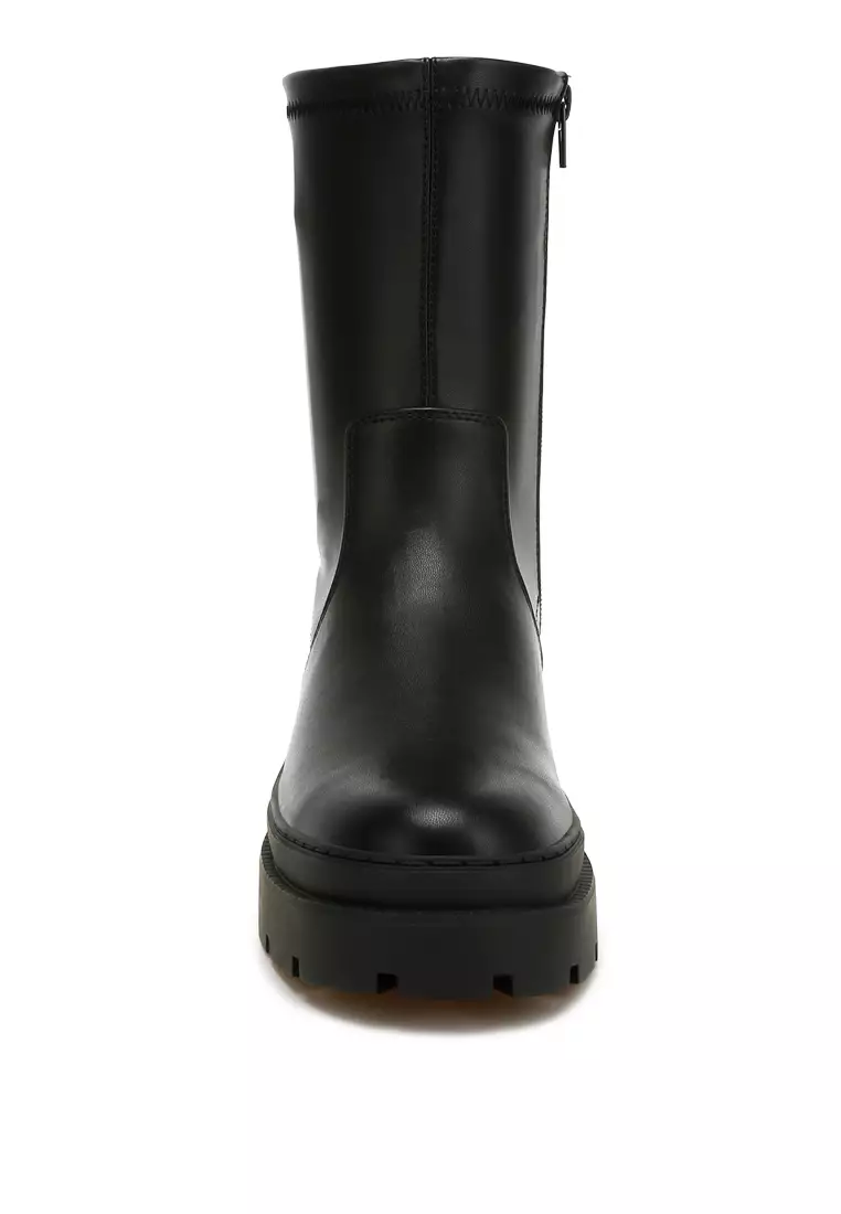 Chunky Faux Leather Calf Boots in Black