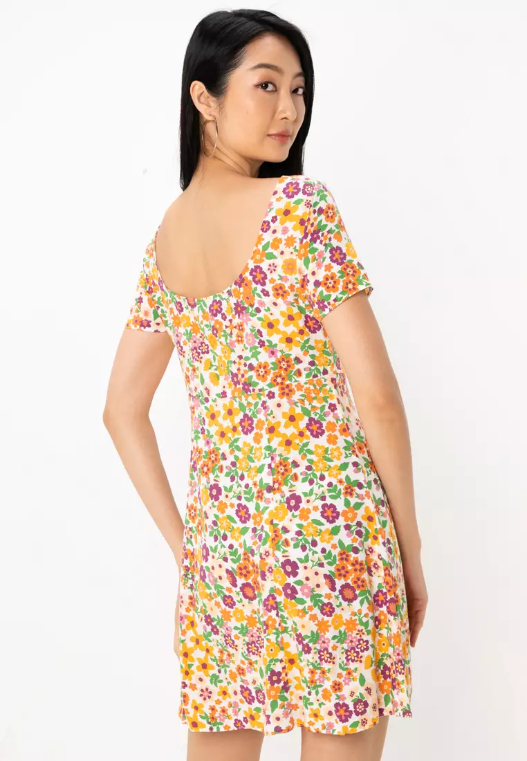 Button Detail Triangle Cut Out Mini Tea Dress