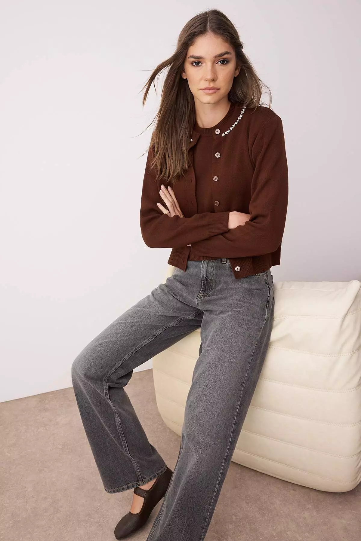 Brown Stone Detailed Soft Textured Double Knitwear Cardigan Blouse