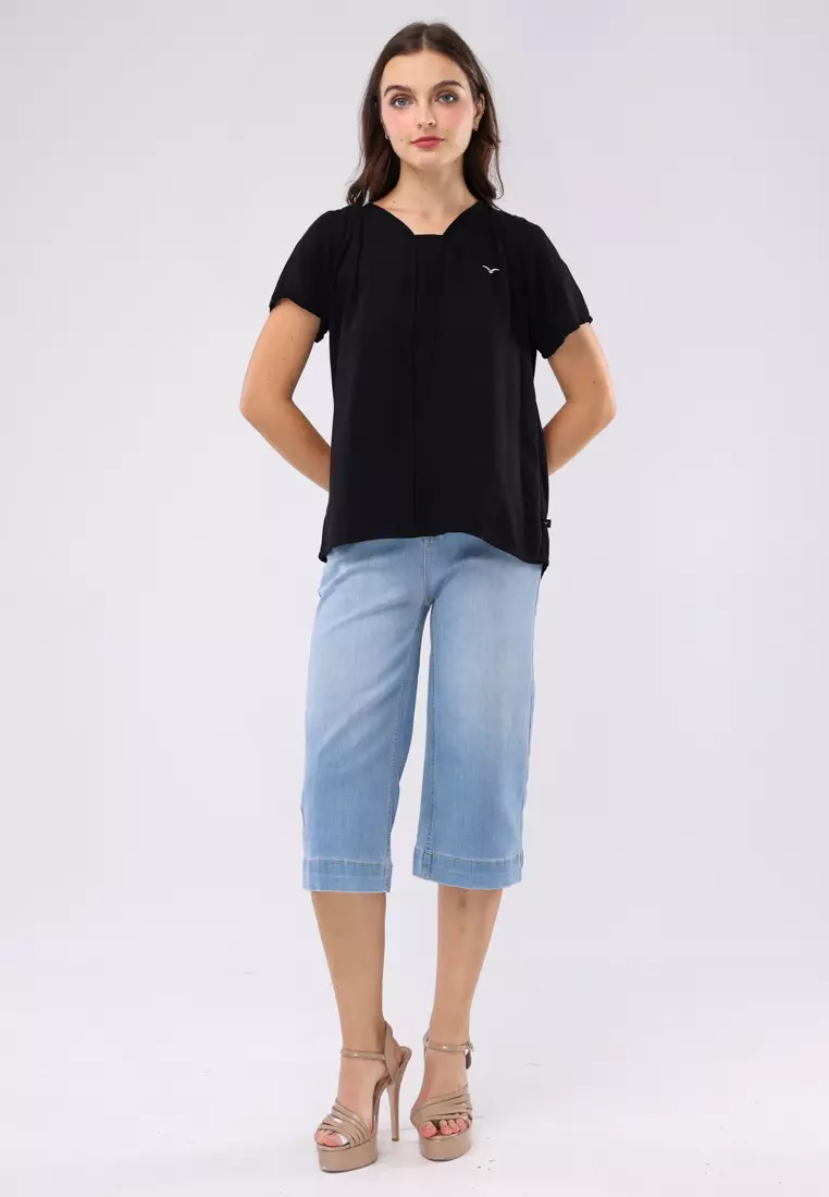 Plain Single Bold Twill Short Sleeves Blouse