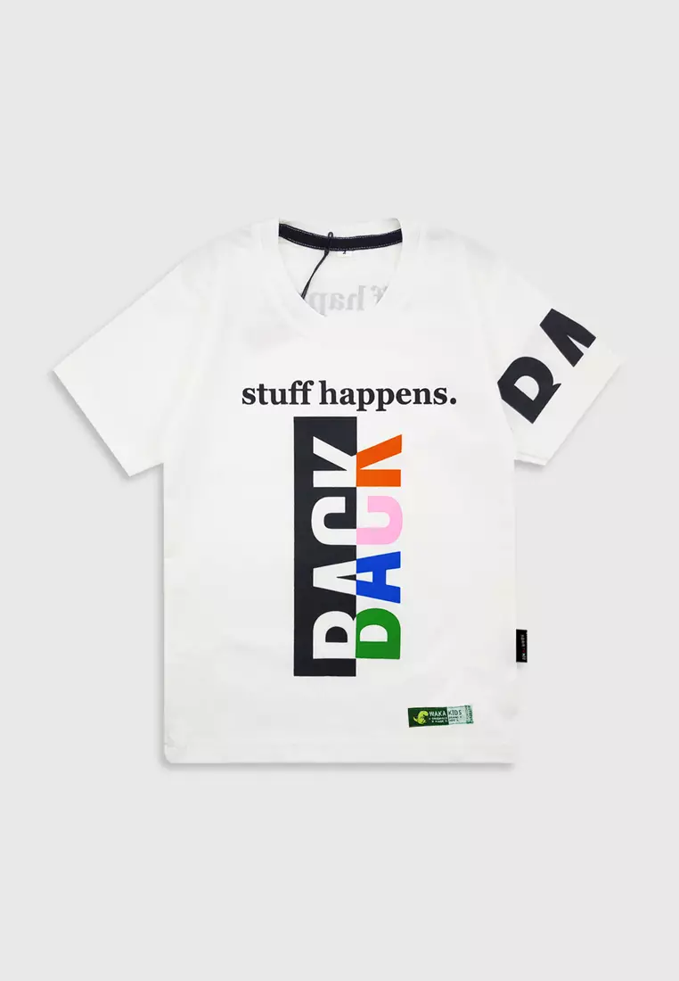 Wakakids Baju Atasan Kaos Anak Laki Laki Usia 1 Tahun Hingga 4 Tahun T-shirt Motif Stuff Happens 3941 Putih