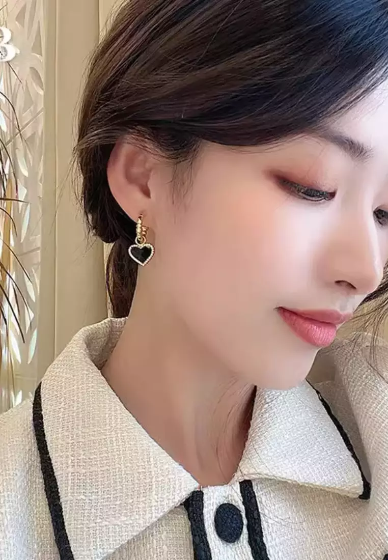 Love Frame with Cubic Zirconia Huggie Hoop Earrings in Black