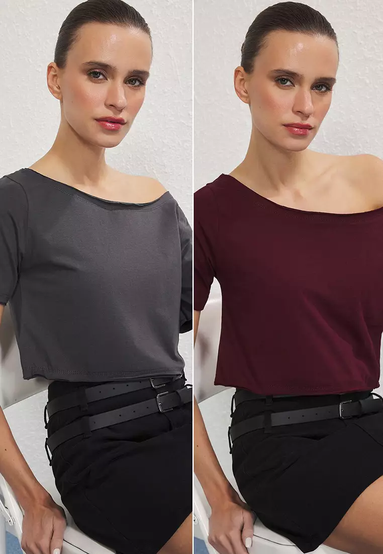 Anthracite-Burgundy 2'S Package 100% Cotton Asymmetrical Boat Neck Crop Knit T-Shirt Twoss25Ts00194