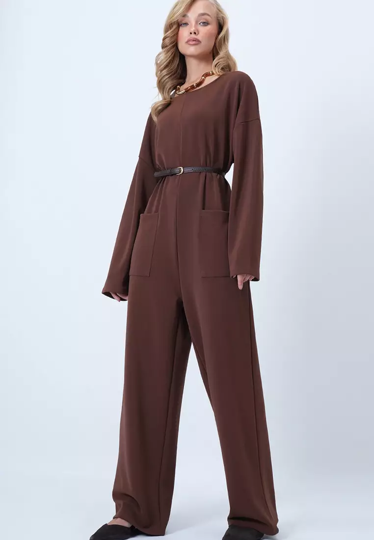 圓領後拉鍊寬鬆連身褲