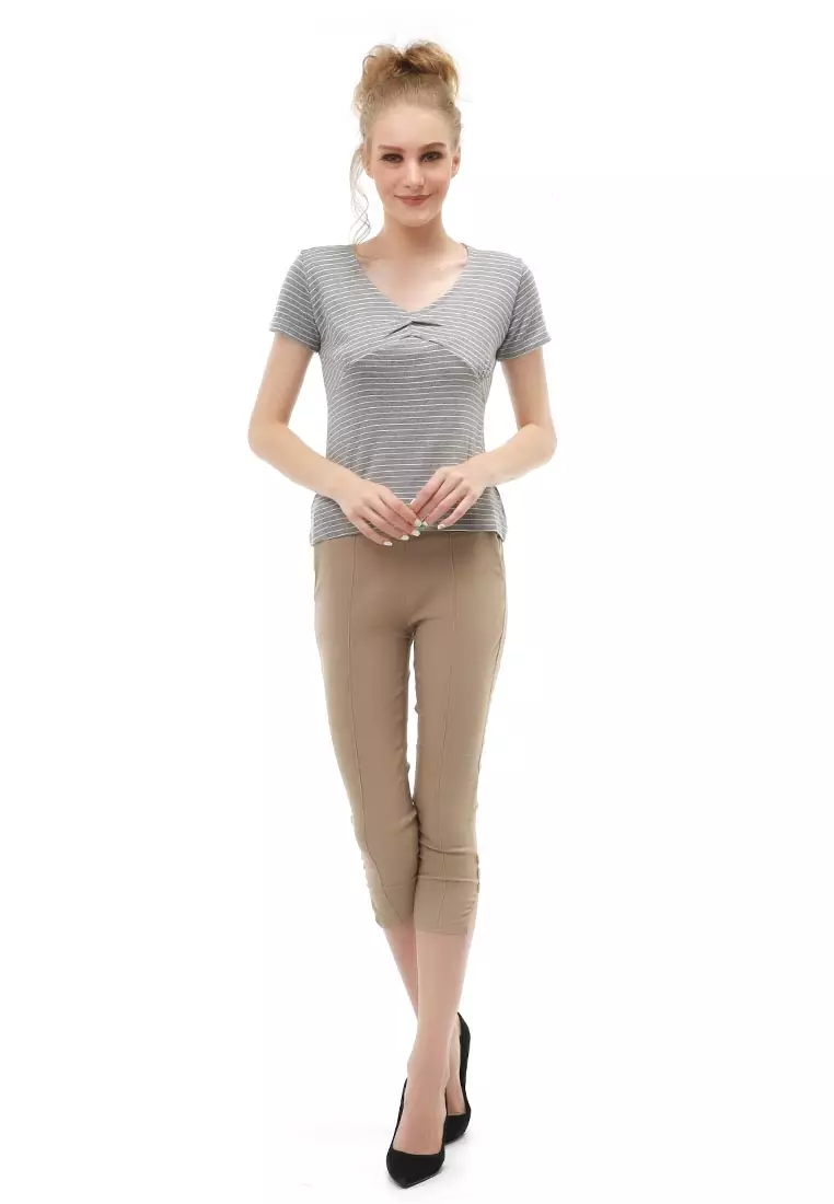 Genevie Blouse Kasual Wanita Lengan Pendek Model Salur Variasi Kerut Tengah Material Cotton ORIGINAL - Gray