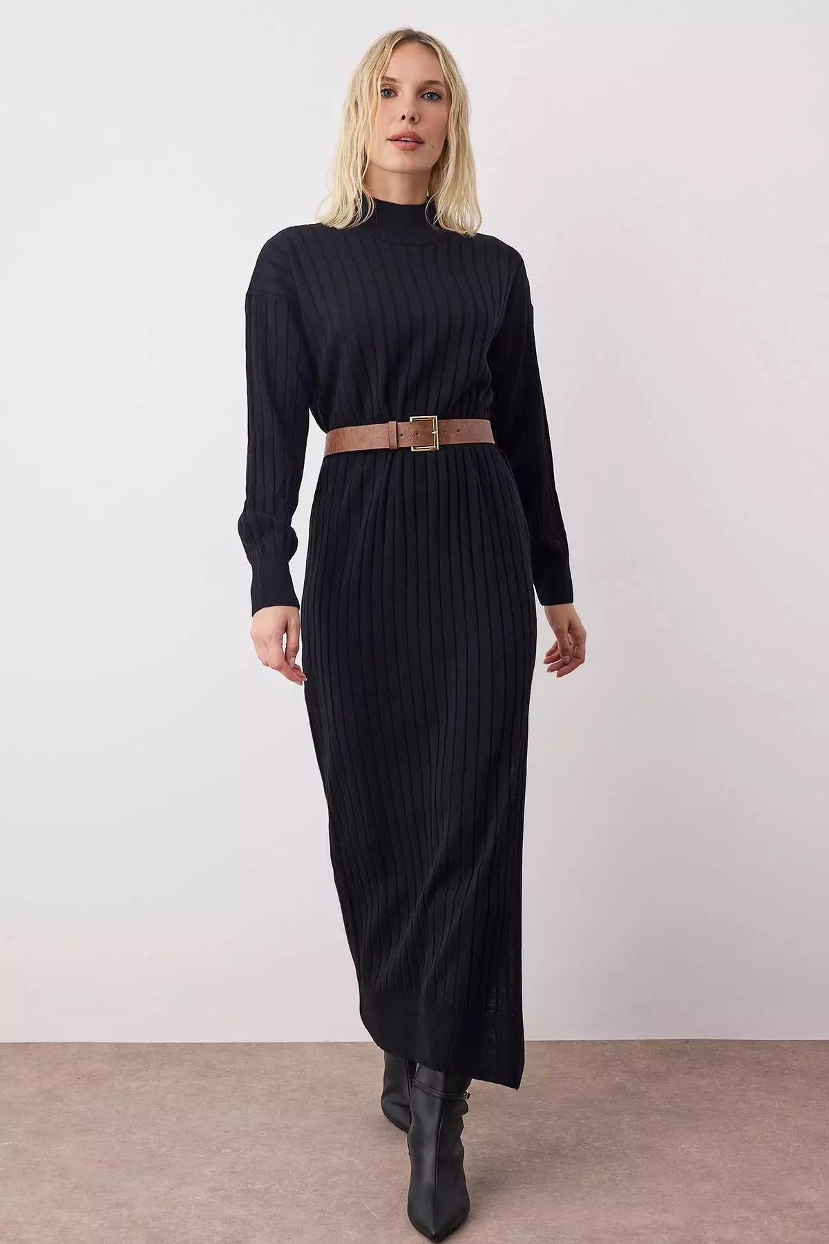 Black Plain Midi Slit Detail Belted Knitwear Long Dress