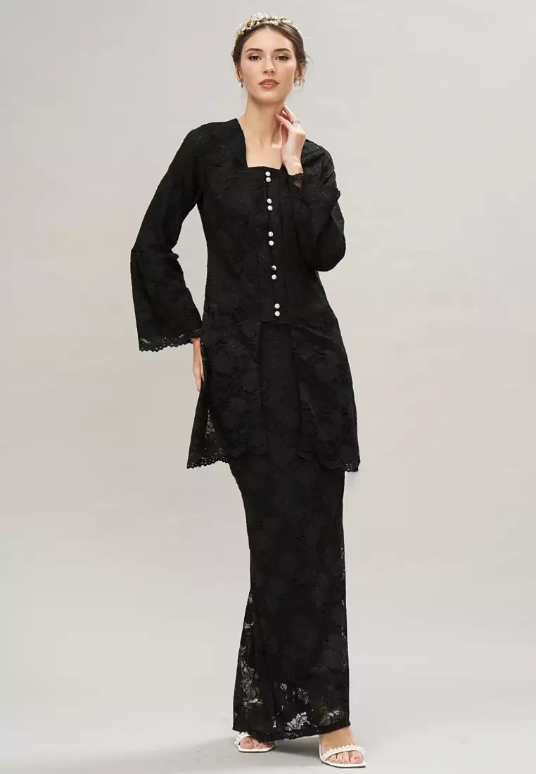 Black Lace Puff Sleeve Modern Kebaya and Maxi Lace Skirt Malay Wedding
