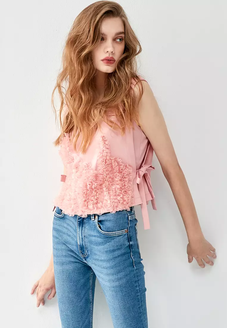 Pink Vest With Front Pleated Ruffle Detail