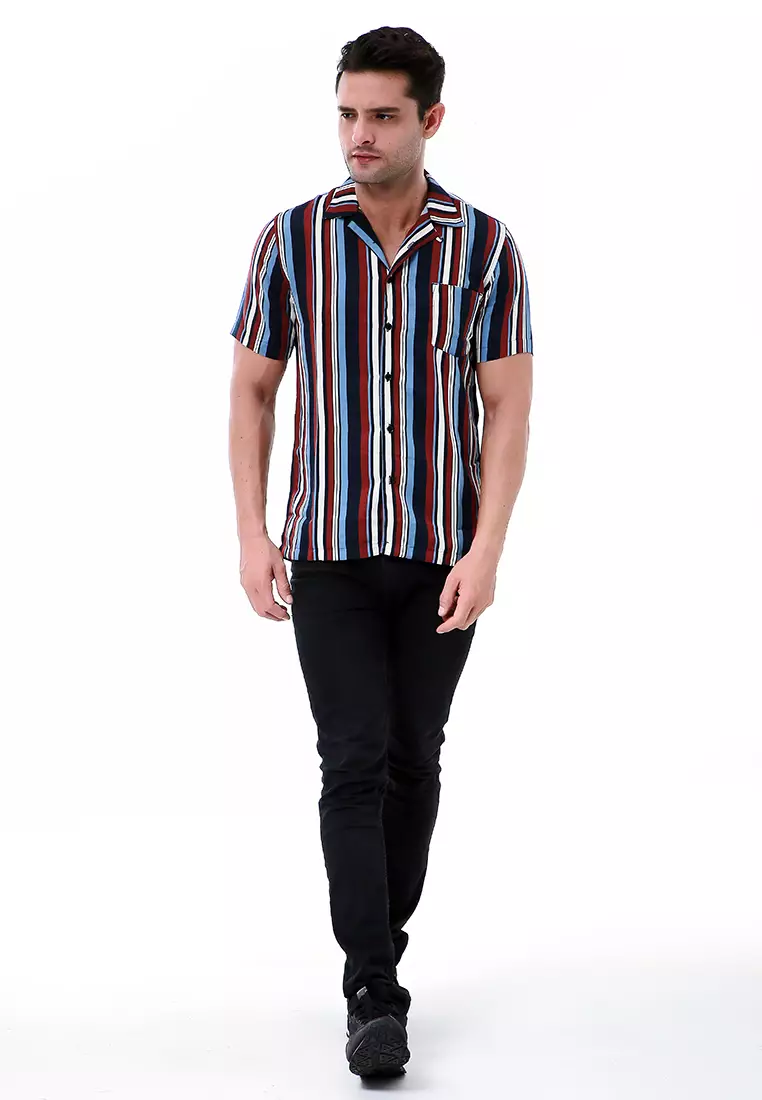 Leopold Atasan Pria Kemeja Motif Salur Lengan Pendek Material Cotton ORIGINAL - Navy Maroon