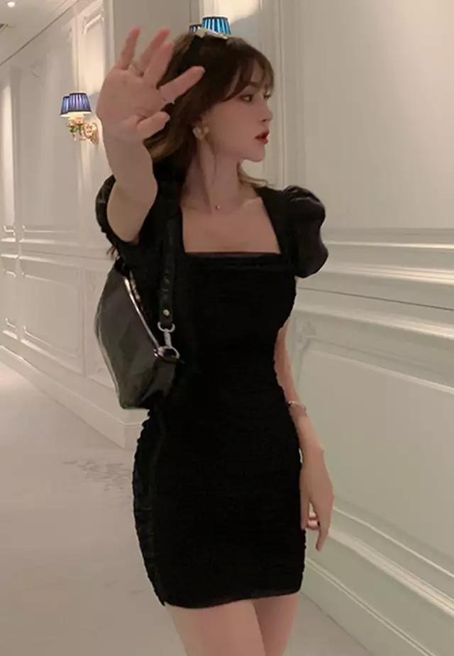 Sexy Skinny Wrap Hip One Piece Dress A21022231BK