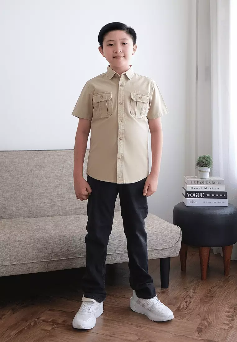 POLICE Kemeja Polos Cotton Kantong Dua Anak Laki Laki