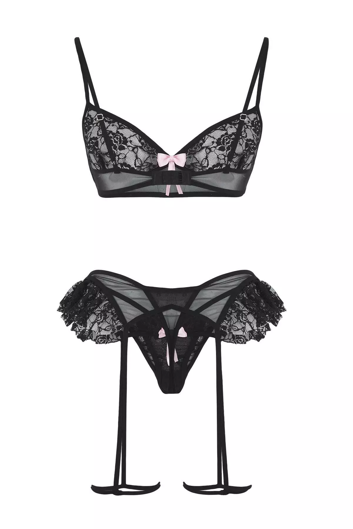 Black Ribbon Detailed Leg Band Ruffle Coverless Lace Fantasy Lingerie Set