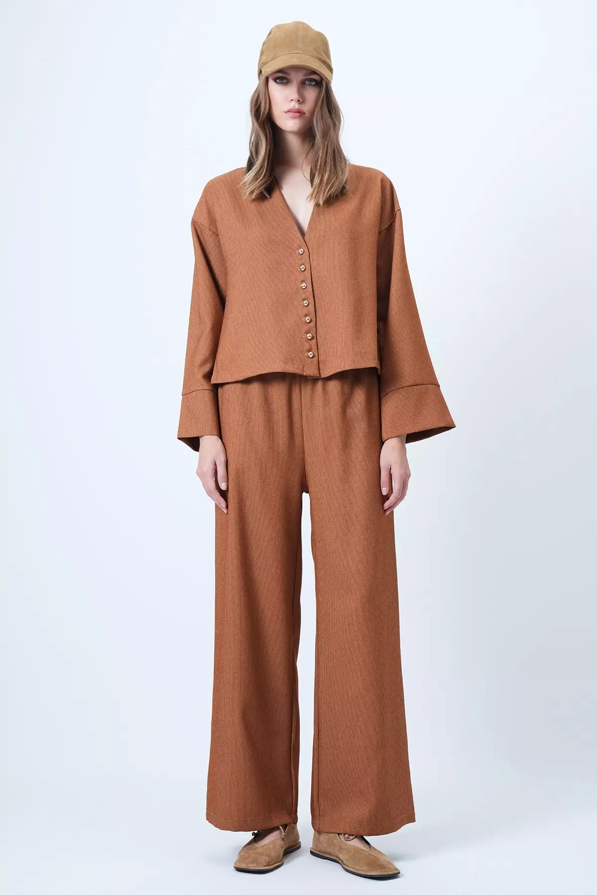 Cinnamon Brown Hakim Collar Gold Button Detailed Velvet Jacket And Palazzo Trousers Set Alc-X14633