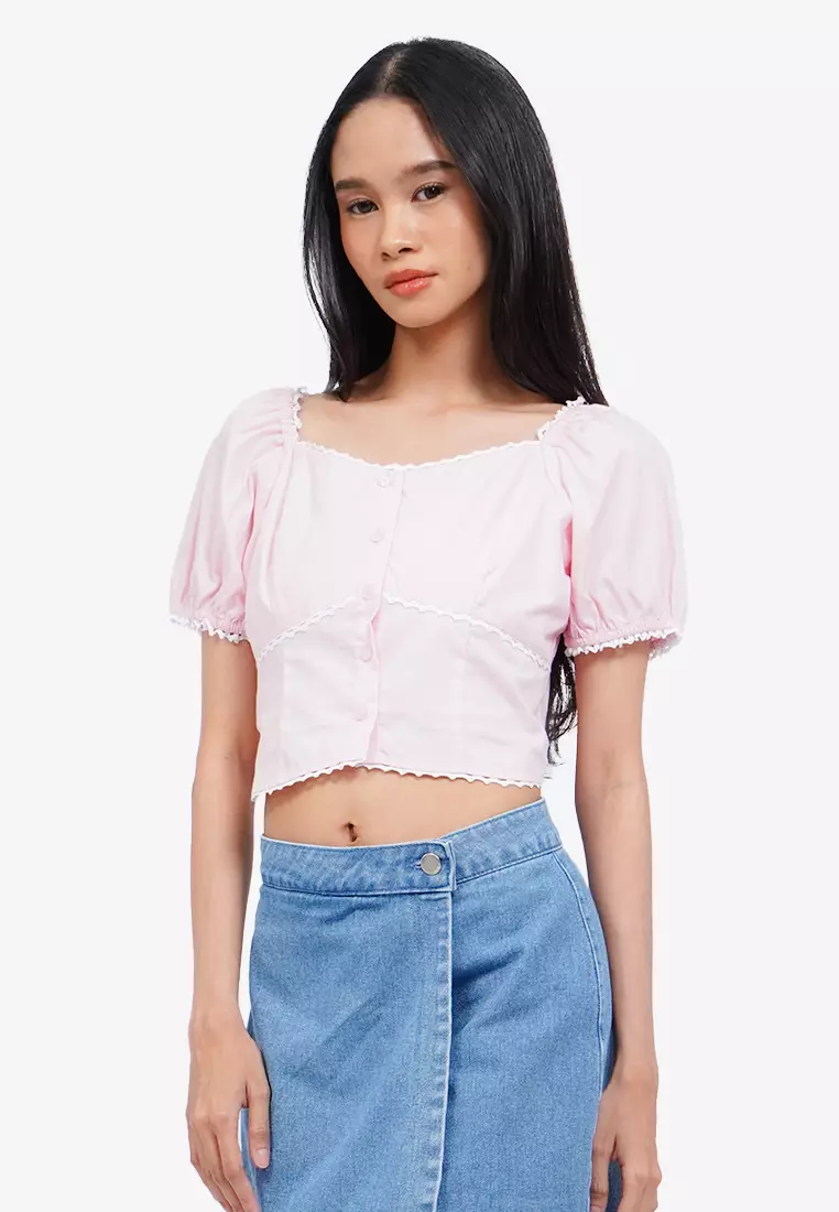 Puff Sleeve Blouse with Lace Trim