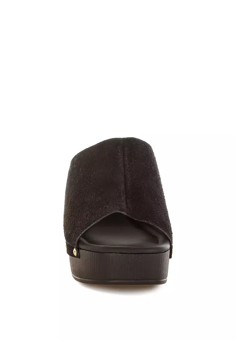 Soft Suede Leather Wooden Clogs In Black