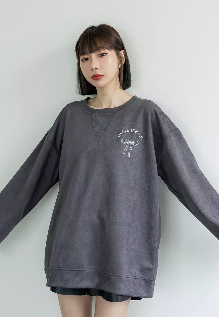 麂皮絨芭蕾風蝴蝶結印花大學T《AB19959》