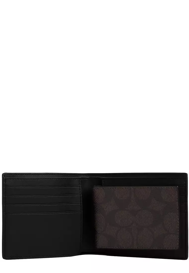Boxed 3 In 1 Wallet Gift Set In Signature Canvas in Walnut/ Black CW344