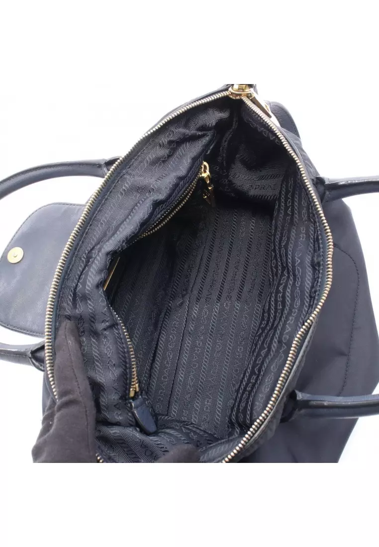Pre-Loved Prada 2WAY Handbag Nylon Saffiano leather Navy prada logo plate