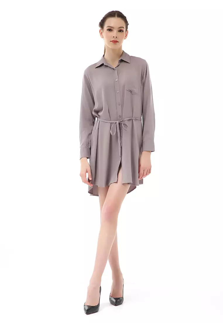 Rachel Dress Wanita Model Kemeja Full Kancing Long Sleeve Material Twill Rayon ORIGINAL - Gray