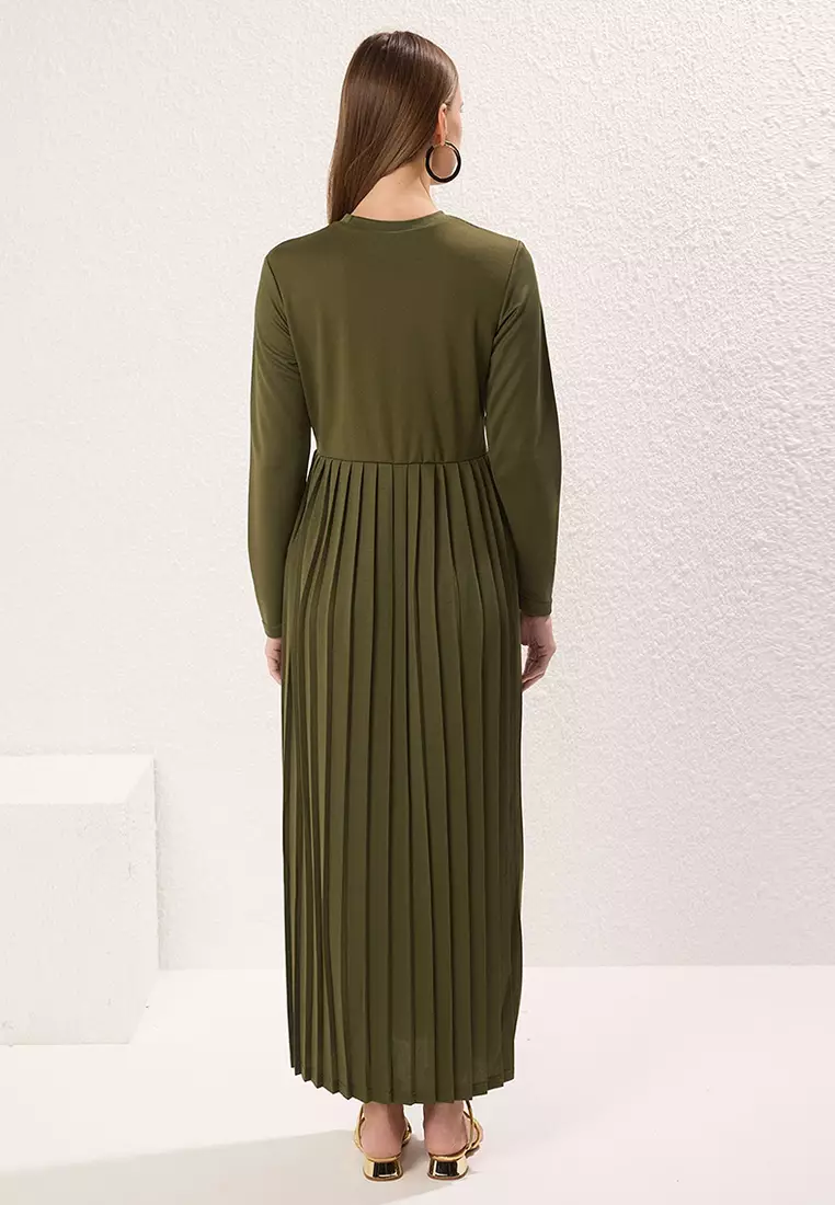 Khaki Pleated Scuba Knit Dress TCTAW24EL00000