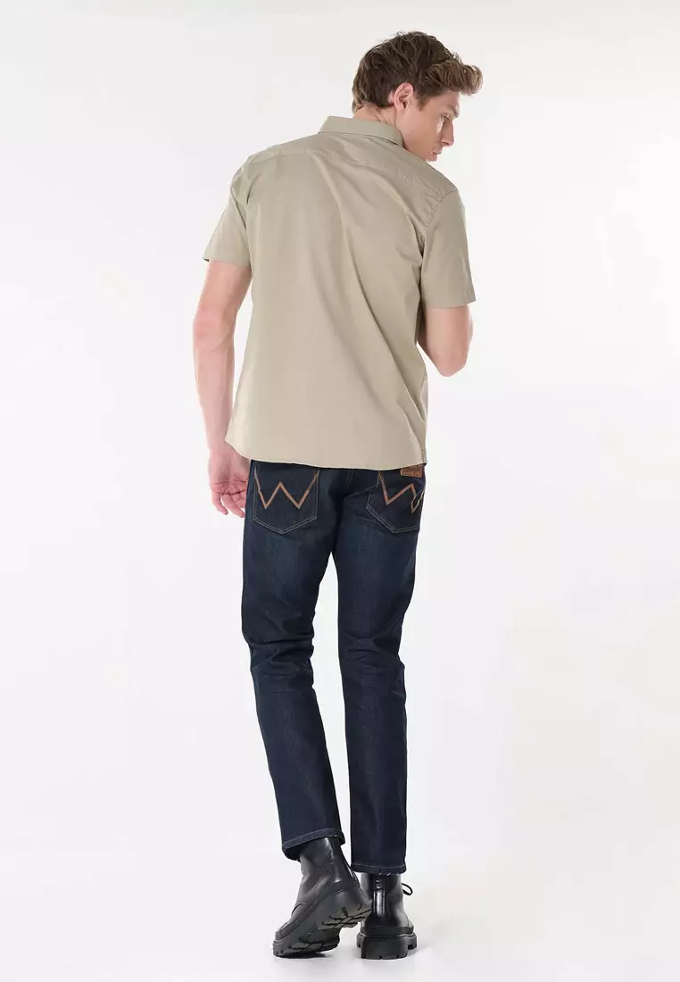 Button Down Short Sleeve Polo for Men in Light Khaki Color