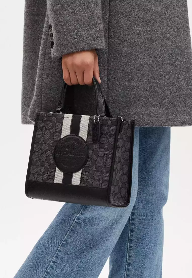 Coach Dempsey Tote 22 In Signature Jacquard With Stripe And Coach Patch Black Smoke Black Multi