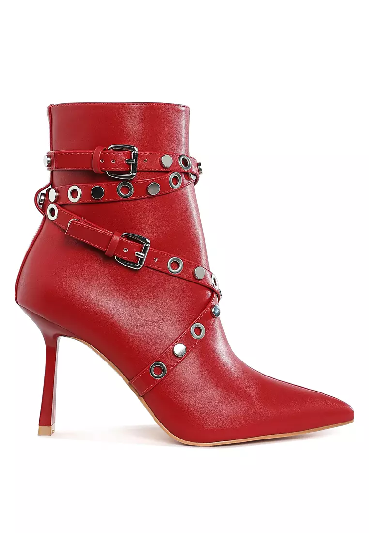 Discount on London Rag  shoes - SKU: Eyelets & Studs Harness Ankle Boots in Red