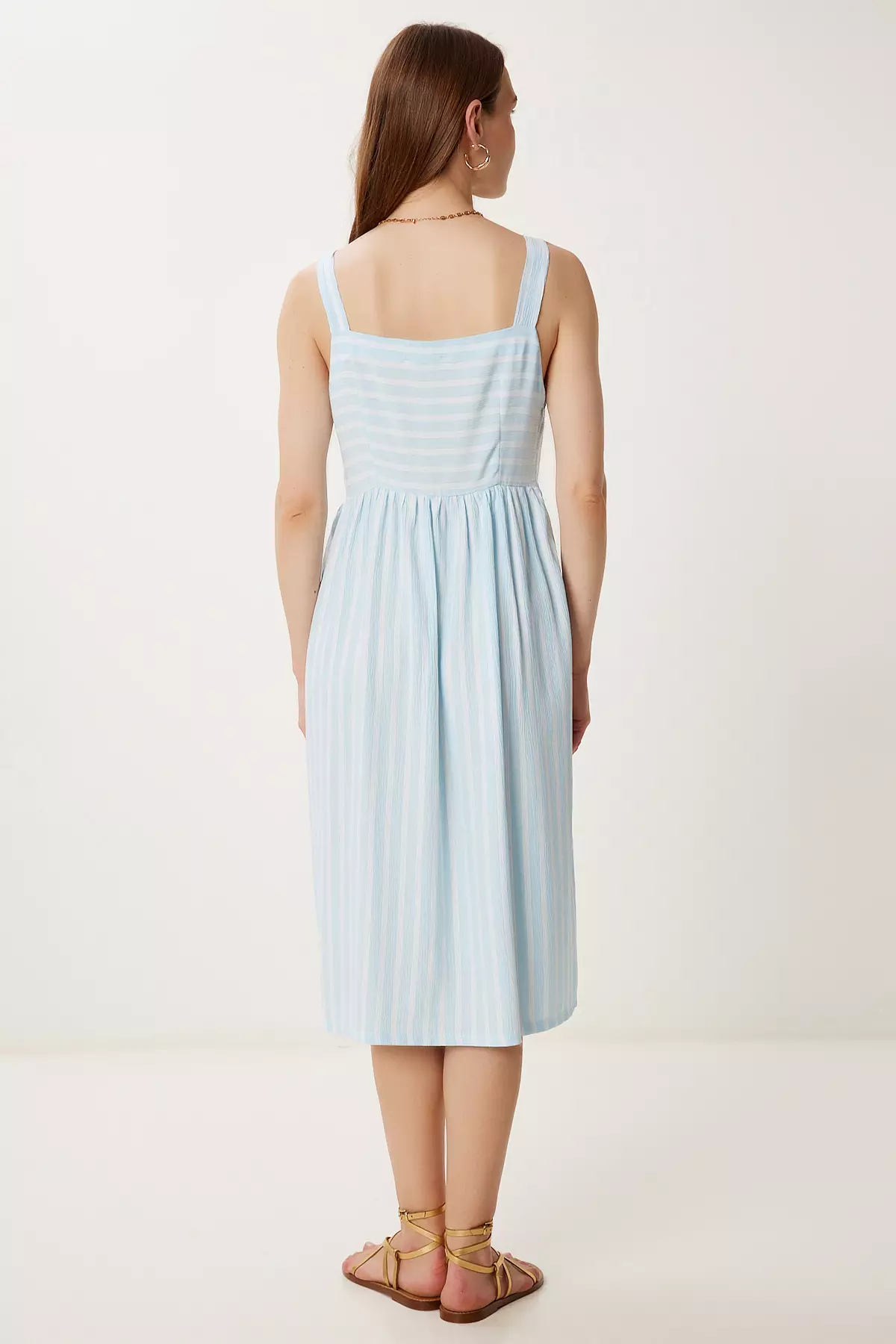Women's Sky Blue Strap Striped Summer Crinkle Dress Tp00054