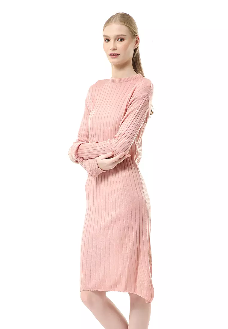 Adela Dress Rajut Tunik Wanita Motif Polos Long Sleeve Relaxed Fit - Dusty